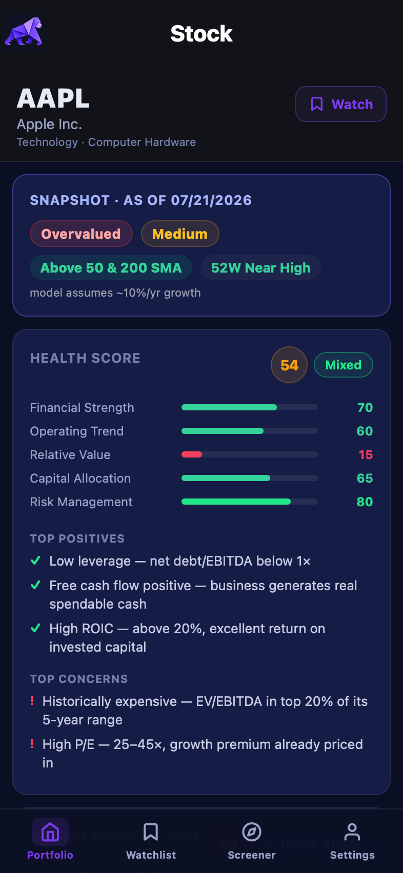 TradeApes stock analysis running as an installed app